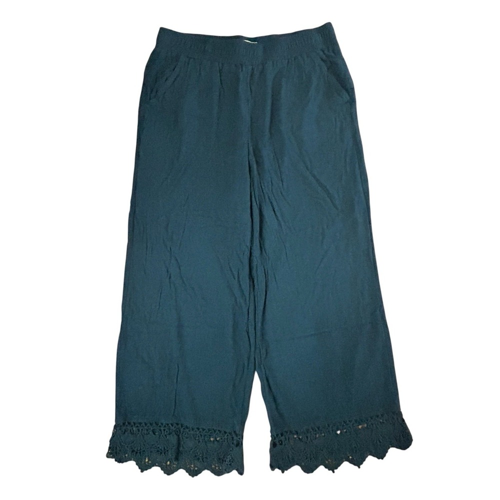 Democracy Ab Technology Wide Leg Pants Scalloped Hem Trim Green Womans SZ 12